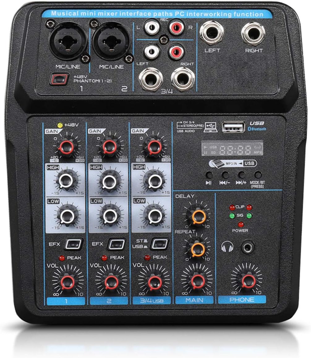 Mixeur audio, Interface de contrôleur de son DJ for mixeurs en direct avec clé USB for enregistrement sur ordinateur Mixeur audio de studio 4/6 canaux Professionnel et débutant, 6 canaux(4 Channel)