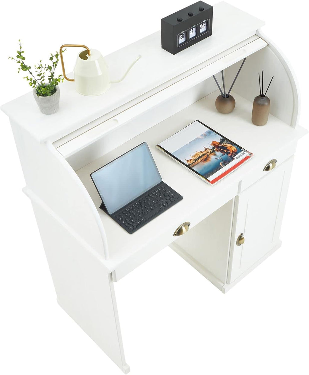 IDIMEX Bureau secrétaire Tom avec volet Roulant Rangement 2 tiroirs et 1 Porte avec étagère, en pin Massif lasuré Blanc