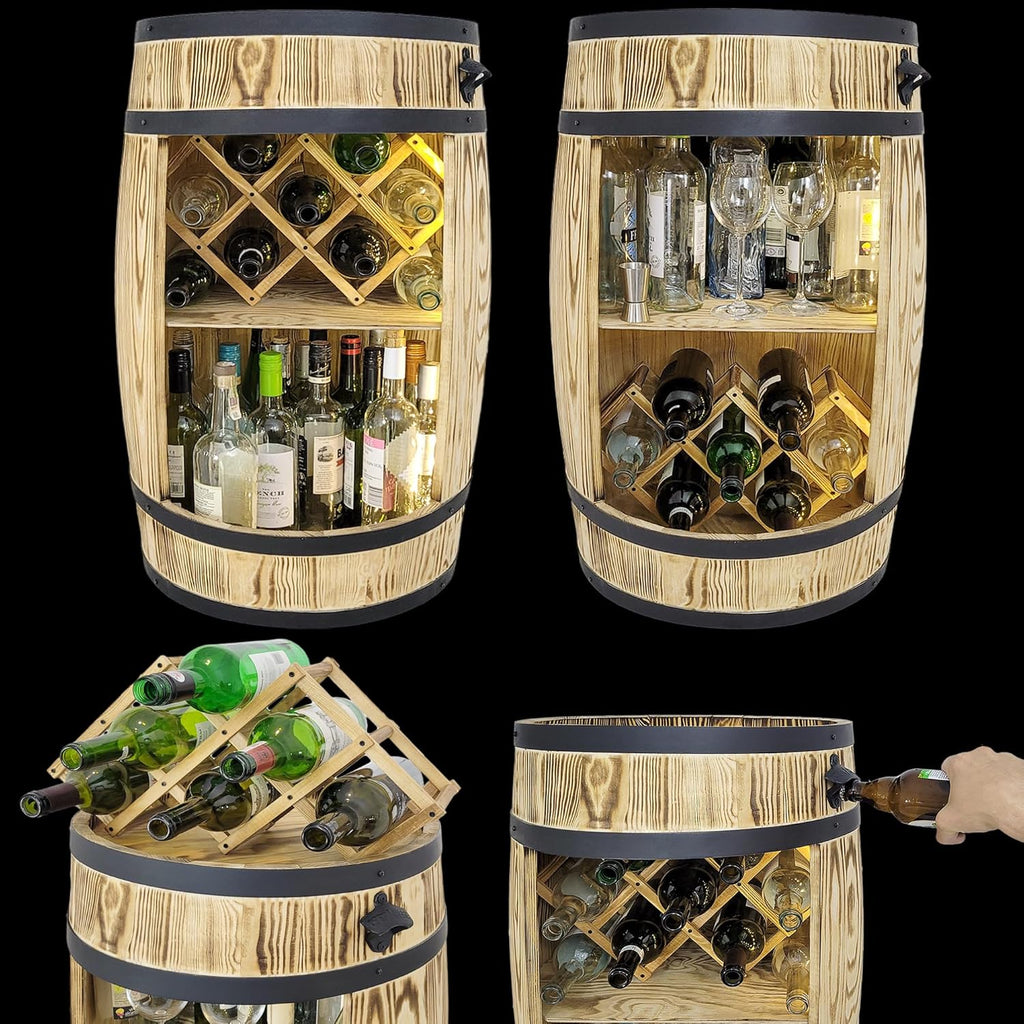 weeco Tonneau en Bois Multifonctionnel avec Éclairage LED – Bar à Vin et Casier à Bouteilles – Meuble Rustique pour Rangement de Verres et Alcools 80x50cm