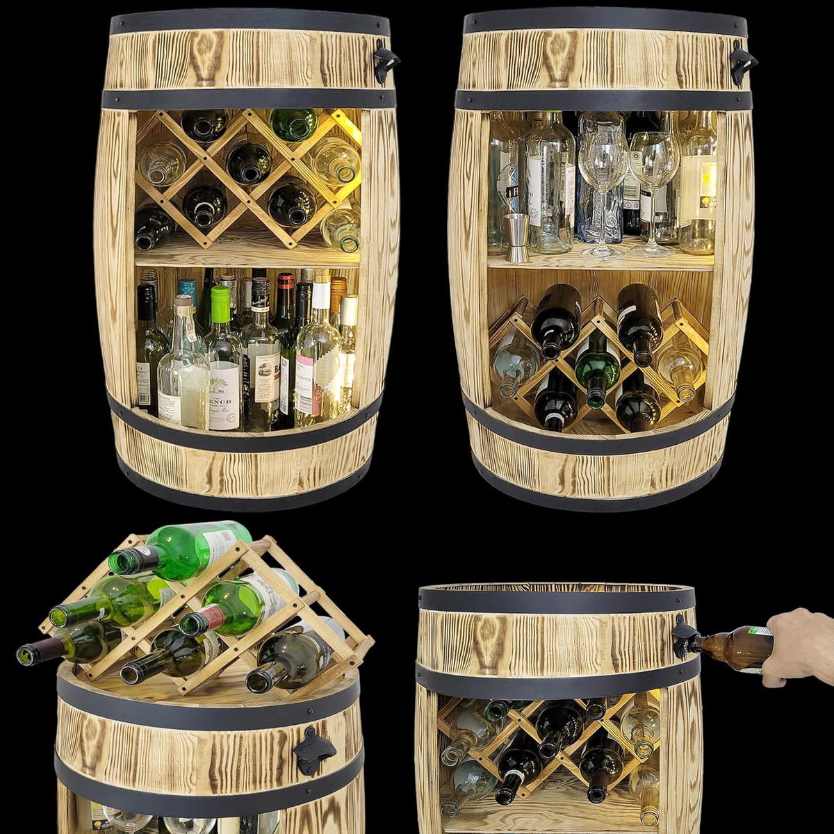 weeco Tonneau en Bois Multifonctionnel avec Éclairage LED – Bar à Vin et Casier à Bouteilles – Meuble Rustique pour Rangement de Verres et Alcools 80x50cm