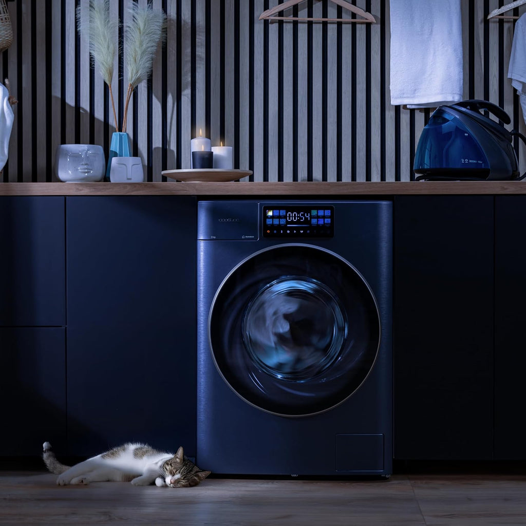Cecotec Lave-linge 9Kg Chargement Frontal Autodose Bolero DressCode 9950 Autodose Inverter 3D Ice Blue A. Finition Bleue 1400 Tr/min, Core Matrix Screen, Porte XXL, Éclairage Intérieur