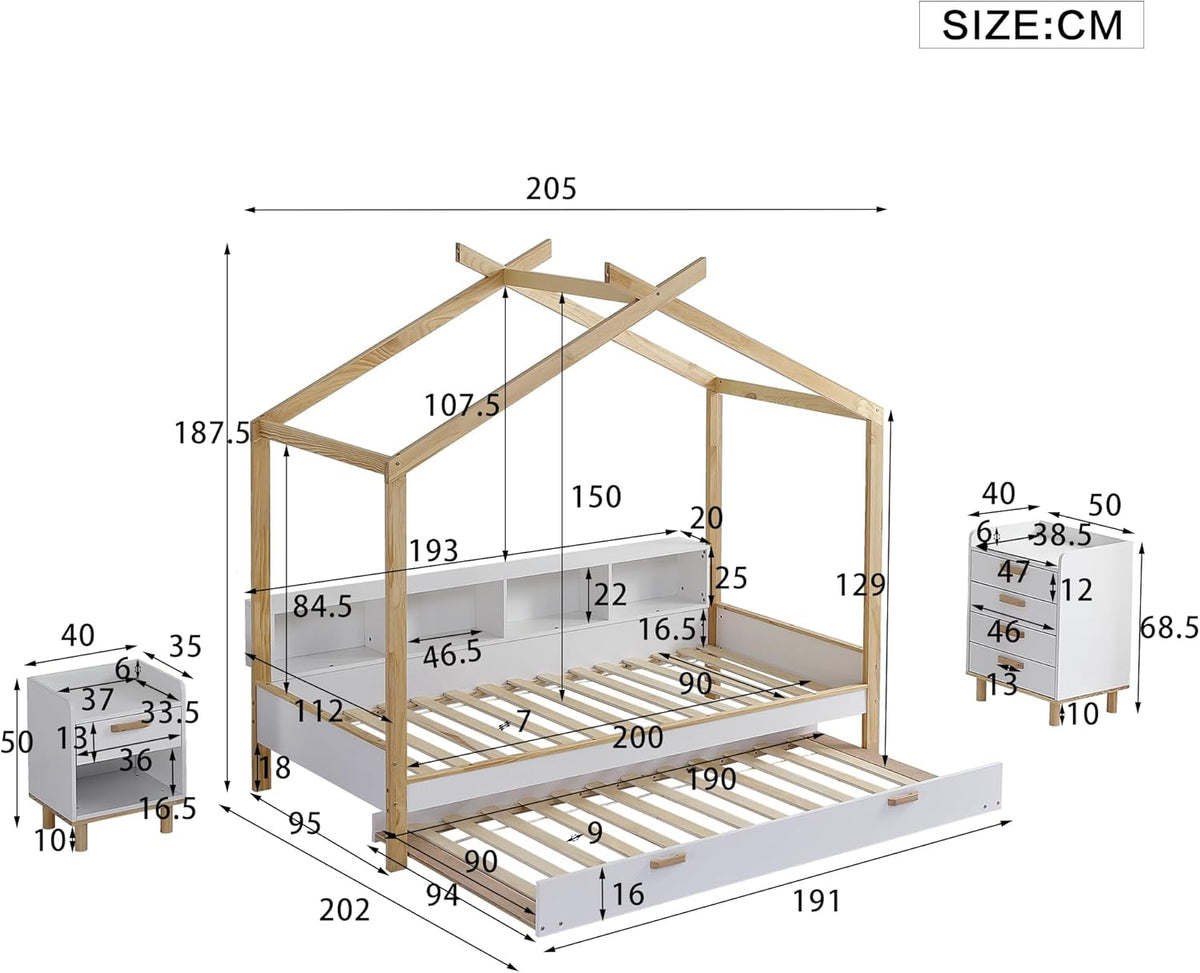 I0I&I0I Ensemble de chambre d'enfant - Blanc + naturel - Lit de maison + table de chevet + commode - MDF + pin (205 x 202 x 187,5 cm)