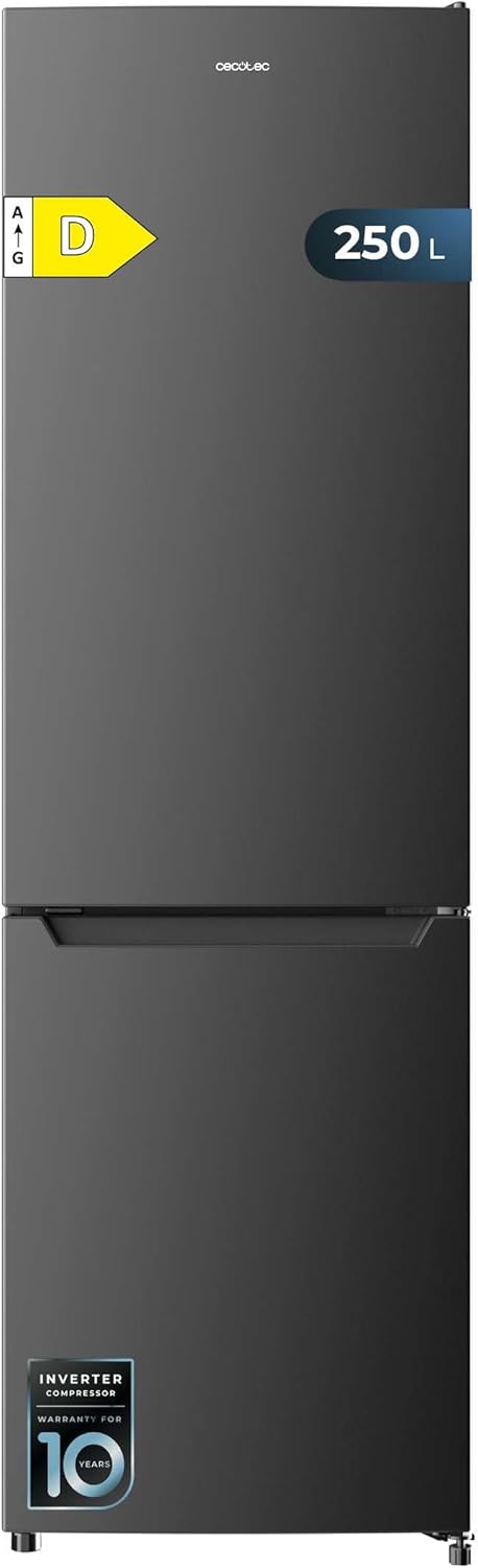 Cecotec Réfrigérateur combiné Bolero CoolMarket Combi 250 Dark D. Capacité de 250L, classe D, compresseur Inverter, Total No Frost, Multi Airflow, et porte réversible. Économies d’énergie garanties.