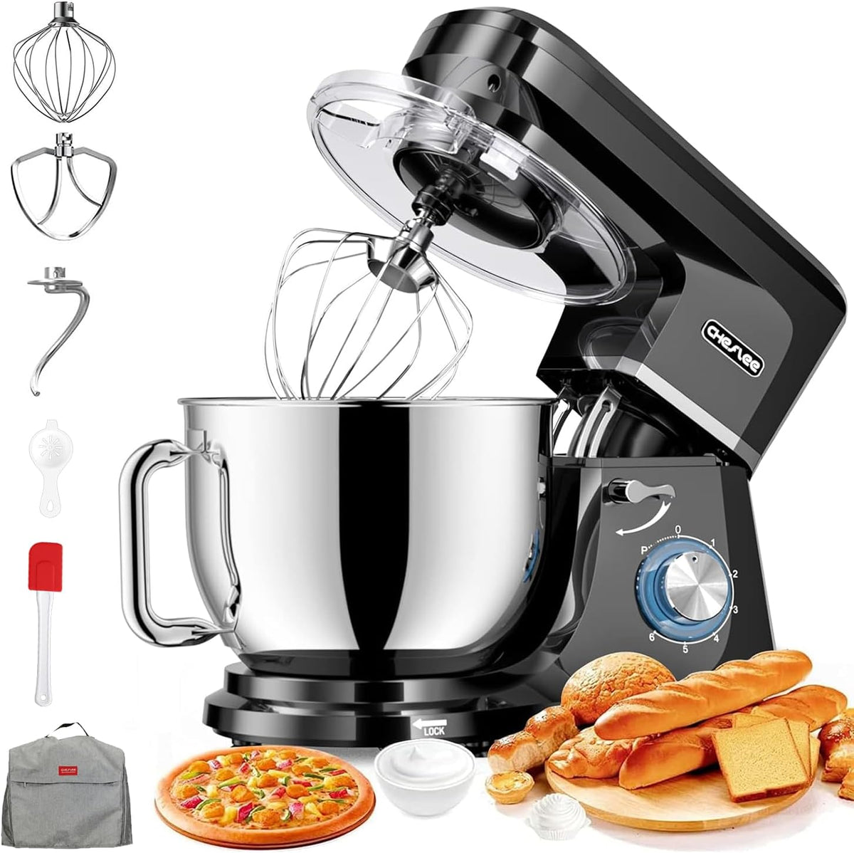 CHeflee Robot Pâtissier 2000W Robot de Cuisine 7.2 L Bol d'Acier Inoxydable,6 Vitesses avec Fonction Pulse avec Fouet Crochet Pétrisseur et Batteur,Housse anti-Poussière