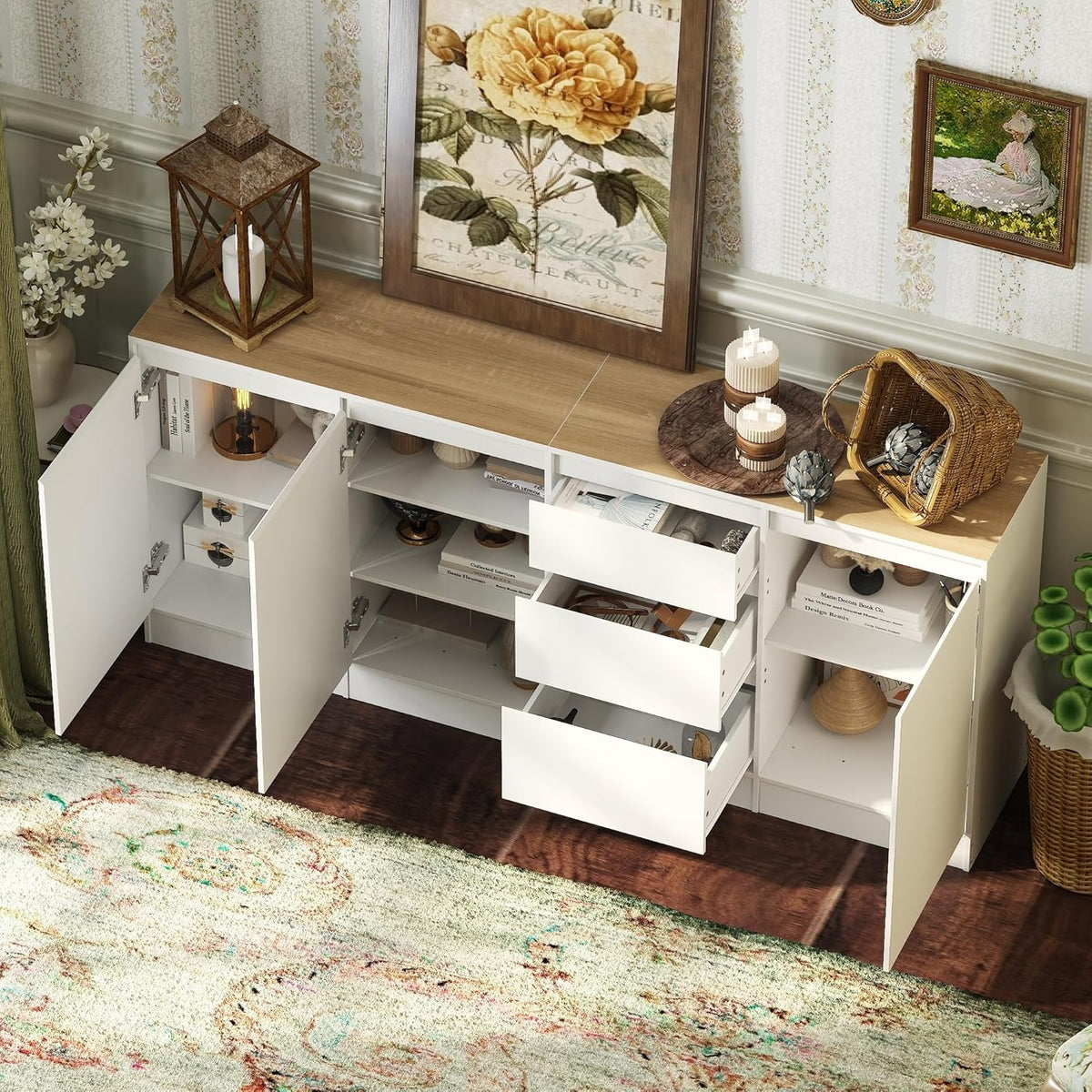 DEZAGCE Meuble de rangement à 3 portes et 3 tiroirs, buffet, buffet avec étagères, commode, armoire de stockage multifonctionnelle, pour salon, cuisine, couloir, 80 x 180 x 35 cm, MDF, blanc