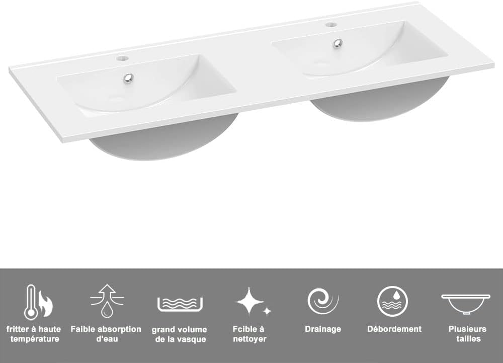 HAPAOSO Ensemble Meubles Salle de Bain 120 cm Blanc - Double Vasque Céramique, 4 Tiroirs de Stockage, Miroir LED Ovale Dimmable