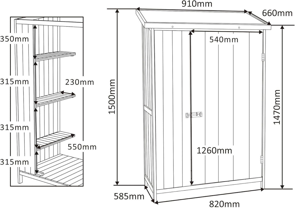 Wiltec Abri de Jardin – 920 x 570 x 1540 mm – en Bois Verni – avec Toit revêtu par PVC et 1 Porte – Cabane Remise pour Rangement Outils pour Jardin, Terrasse & Balcon