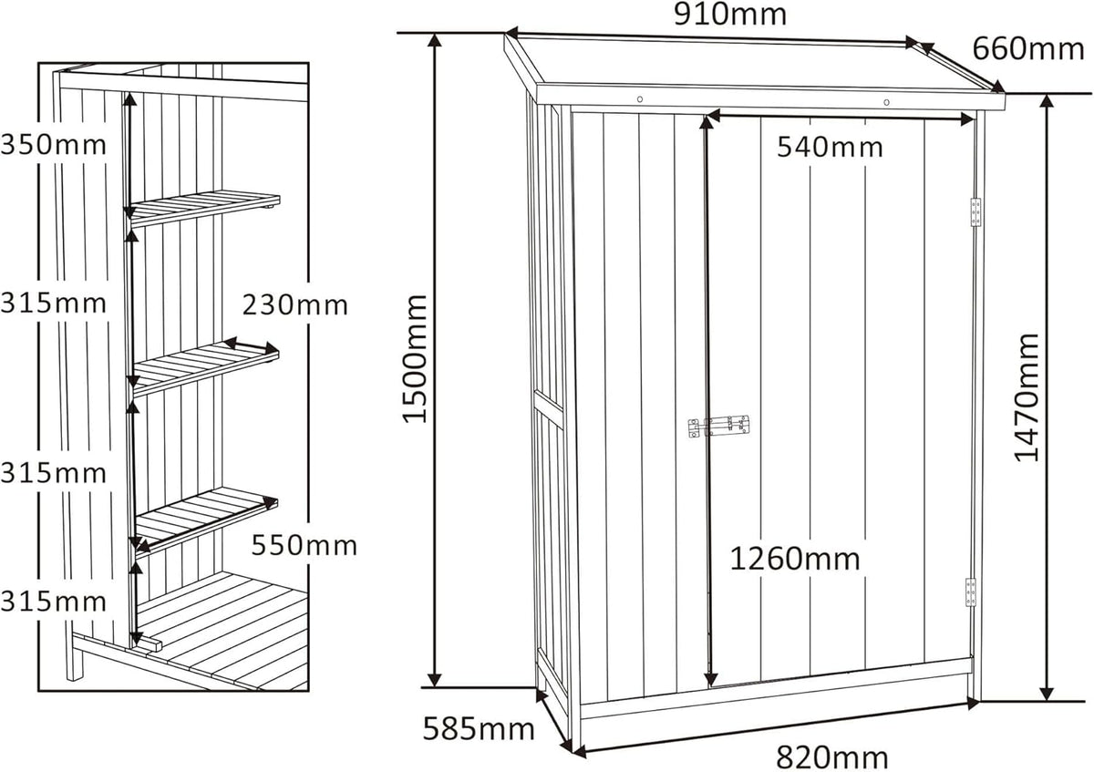 Wiltec Abri de Jardin – 920 x 570 x 1540 mm – en Bois Verni – avec Toit revêtu par PVC et 1 Porte – Cabane Remise pour Rangement Outils pour Jardin, Terrasse & Balcon
