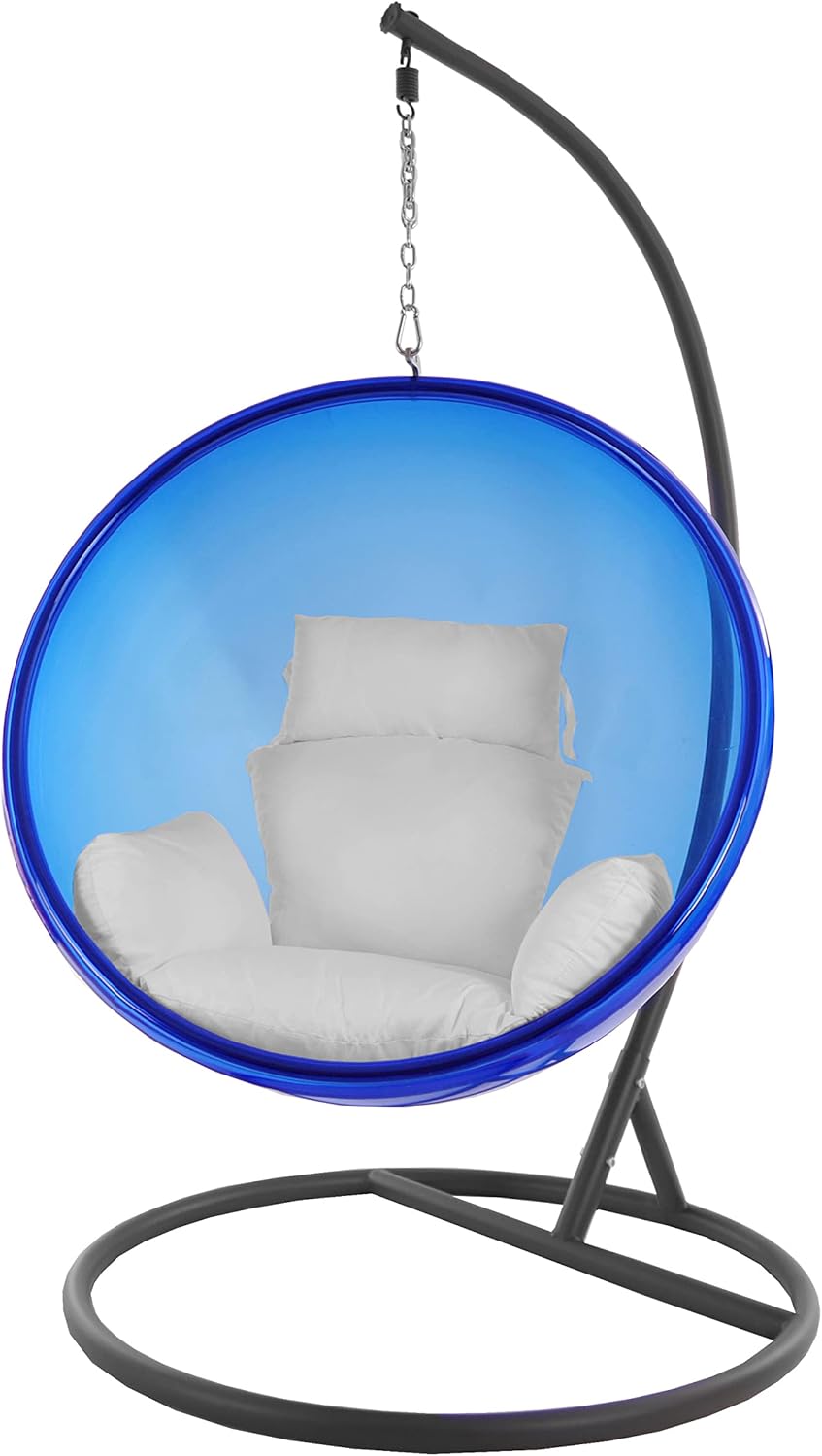 Kideo Ensemble complet : fauteuil suspendu avec cadre et coussin, demi-coque, bubble, translucide (structure : gris/panier : bleu (Lapis Blue), coussin : blanc (1000 Snow))