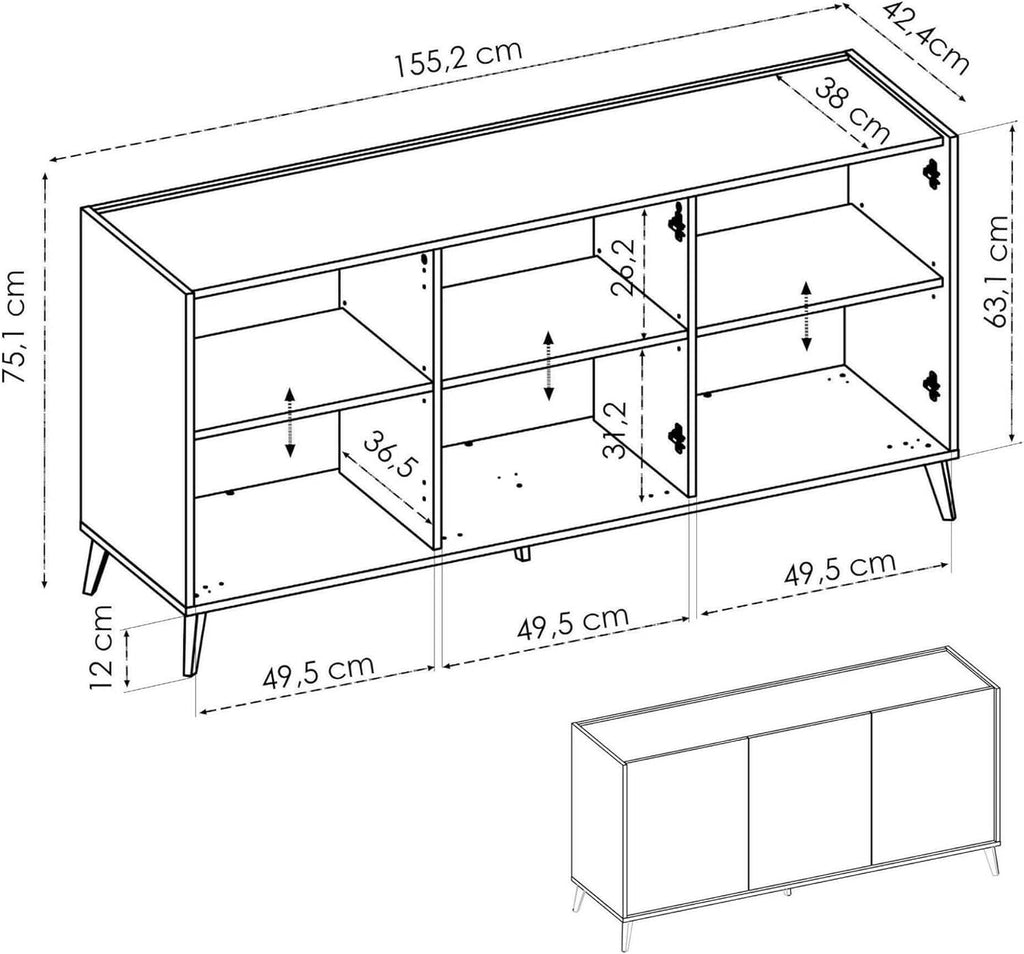 Dmora - Buffet Salon Moderne 3 Portes 155x43h75 cm Chêne Blanc