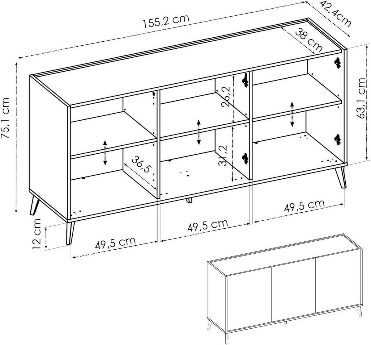 Dmora - Buffet Salon Moderne 3 Portes 155x43h75 cm Chêne Blanc