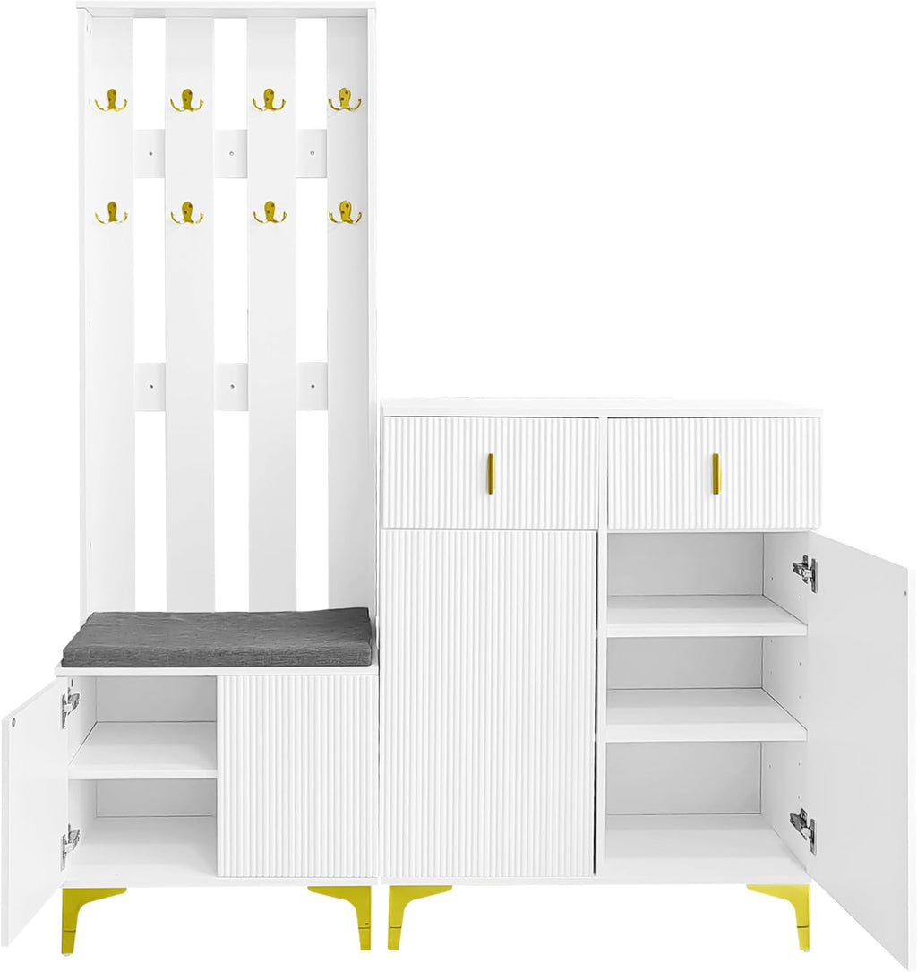 Merax Ensembles de Meubles pour Entrée, Moderne Meuble Entree Couloir avec Meuble à Chaussures et Coussins, Blanc
