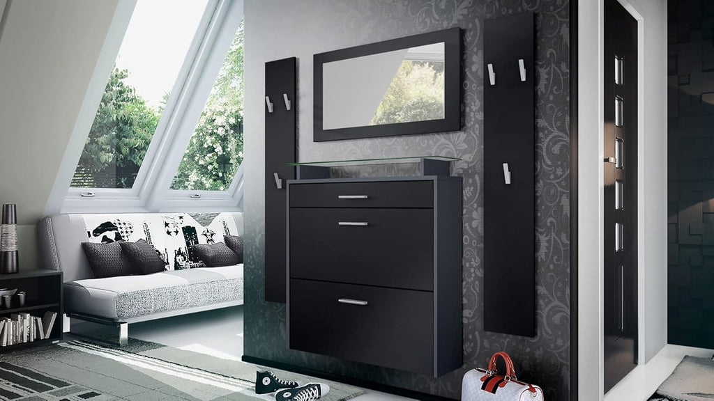 Vladon Penderie Malea, Meuble d’entrée Comprenant 1 Commode à Chaussures Murale, 1 Miroir Mural et 2 Panneaux Porte-Manteaux, Anthracite Mat/Noir Mat
