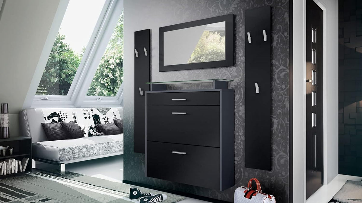Vladon Penderie Malea, Meuble d’entrée Comprenant 1 Commode à Chaussures Murale, 1 Miroir Mural et 2 Panneaux Porte-Manteaux, Anthracite Mat/Noir Mat