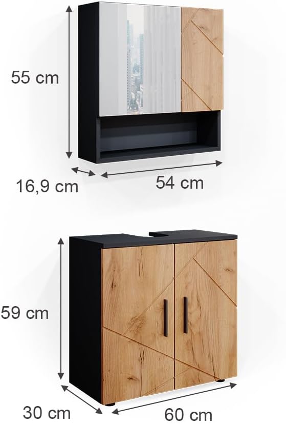 Vicco Ensemble de Meubles de Salle de Bain Irma, Anthracite/Chêne, 2 pièces, Armoire Basse 60 cm
