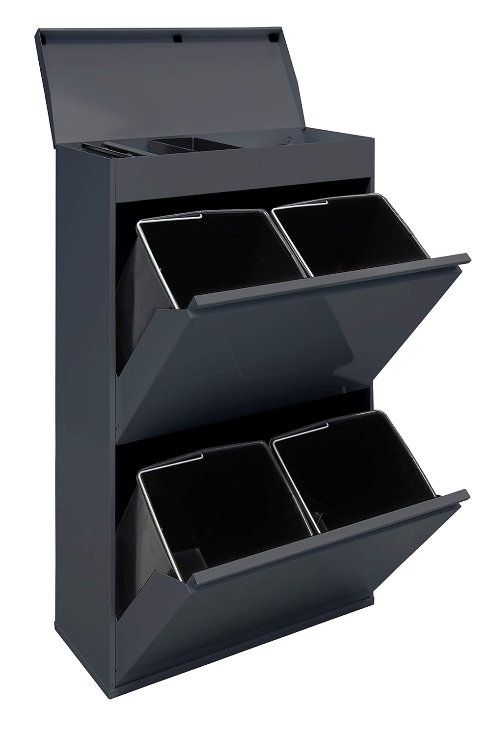 ARREGUI Top CR624-B Poubelle de recyclage en acier, poubelle de tri sélectif, 4 seaux, avec plateau supérieur multifonction, 4 x 17 L (68 L), gris foncé anthracite