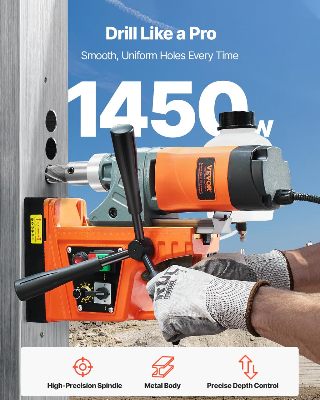VEVOR Perceuse magnétique, 1450 W, perceuse électrique portable, diamètre d'alésage 40 mm, 12500 N, 800 tr/min, avec vitesse variable, pour rénovation maison construction de navire chemin de fer pont