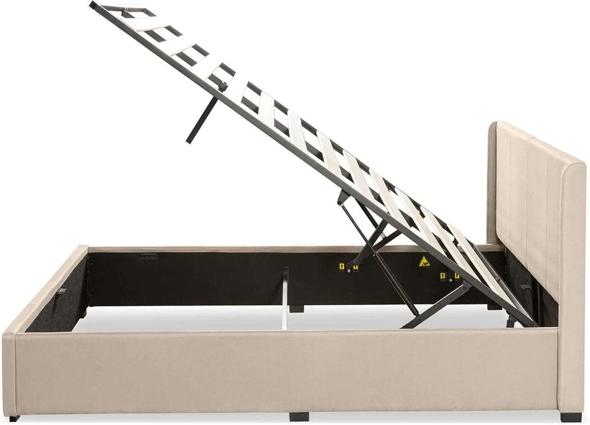 Zinus Maddon Lit Coffre 140x190 cm - Hauteur 31 cm - Système de Levage Hydraulique - Tête et Cadre de Lit Double en Bois tapissier - Beige