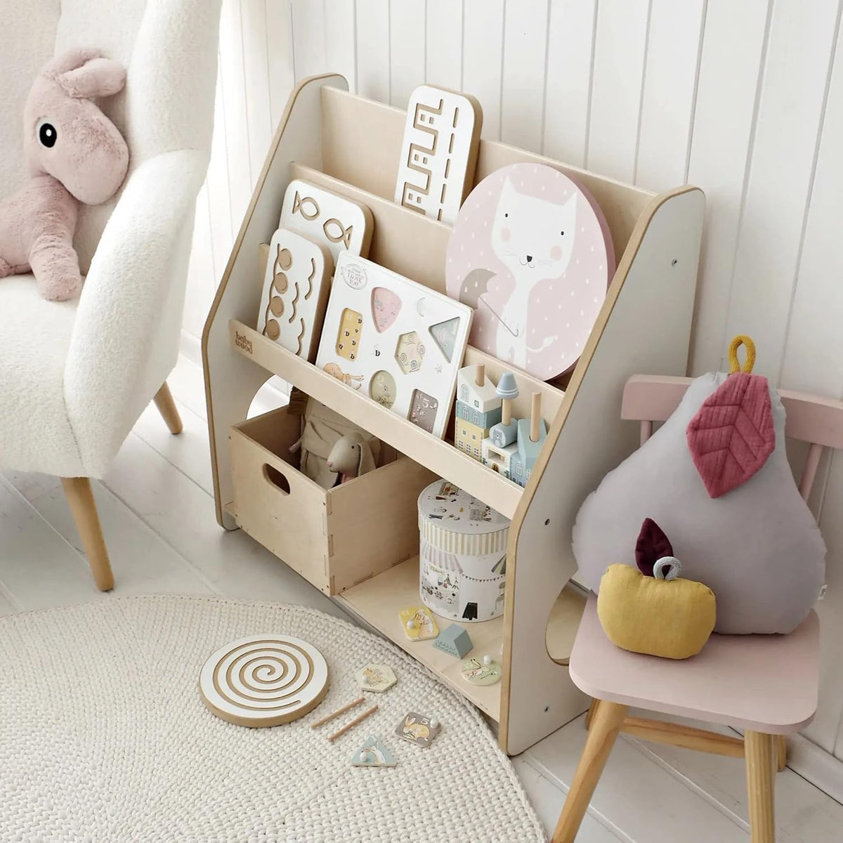 Babywood Bibliothèque en Bois pour Enfants | Étagère Montessori avec 2 Caisses à Jouets | Rangement Sûr pour Chambre d'Enfant