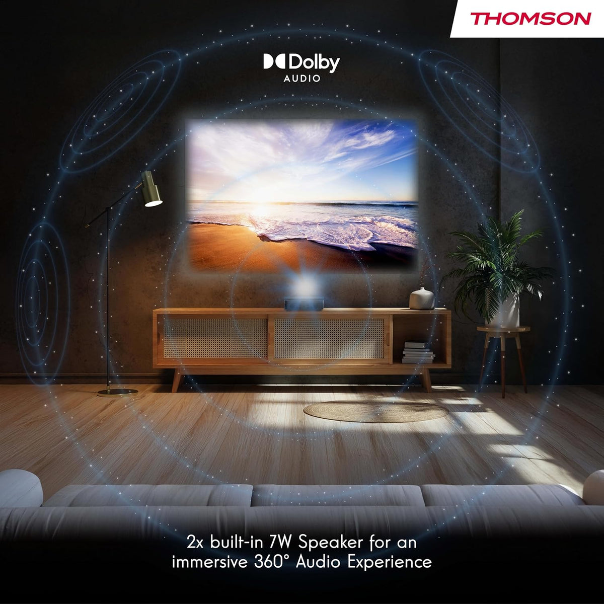 Thomson Sirius PG55B Projecteur Laser Intelligent Portable avec Google TV, Batterie Intégrée, Ultra Courte Focale, 600 Lumens ANSI, HDR10+, Dolby Audio, Mise au Point Automatique, WiFi, Bluetooth–Noir