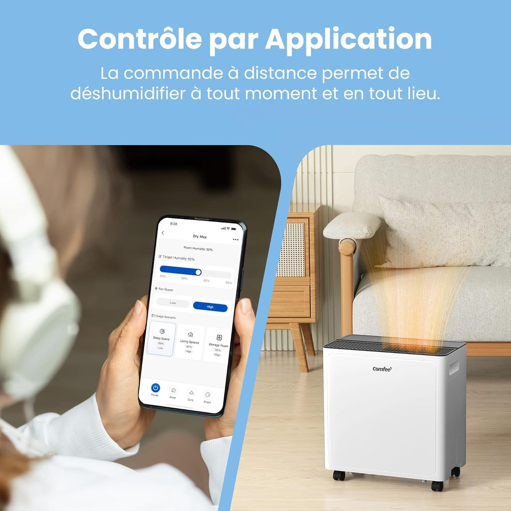 Déshumidificateur Puissant, Absorbe jusqu'à 30L/Jour, Sèche-linge, Mode confort, Réservoir 3L, Minuterie 24H, Idéal pour grandes pièces de 58-73㎡, Garage, Sous-sol
