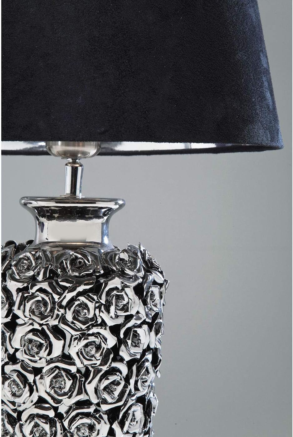 Kare Design Lampe à Poser Rose, Noir/Argent, Faïence, Motif de Roses, Lampe de Table, Lampe Salon, Deco Intérieur, Décoration Chambre, Couloir, 59x34x34 cm Ampoule Non Incluse