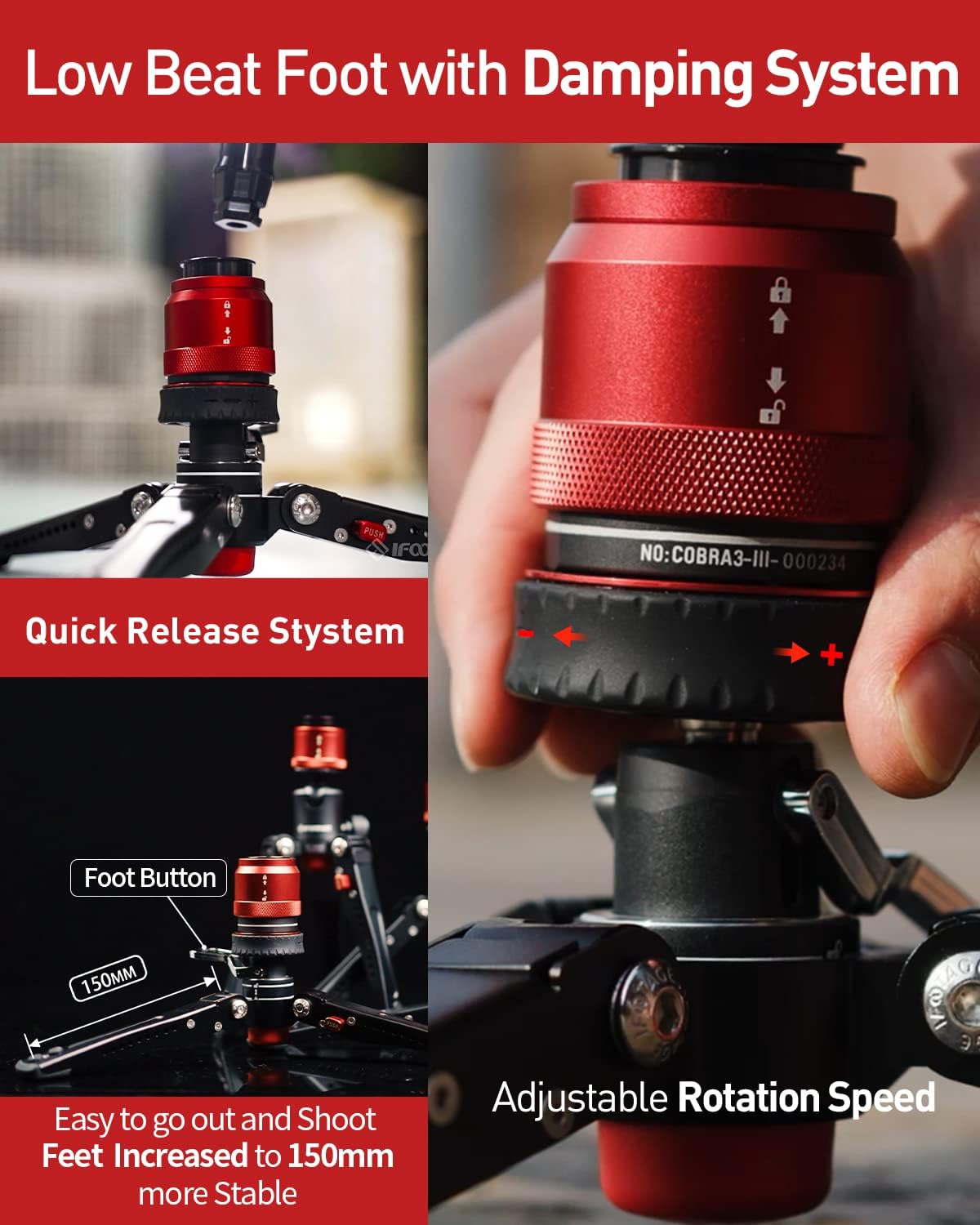 IFOOTAGE Monopode avec pied Cobra 3 C180F-P, Monopode pour appareil photo 181cm/71", Fibre de carbone, Charge maximale 8 kg/17,64 lbs