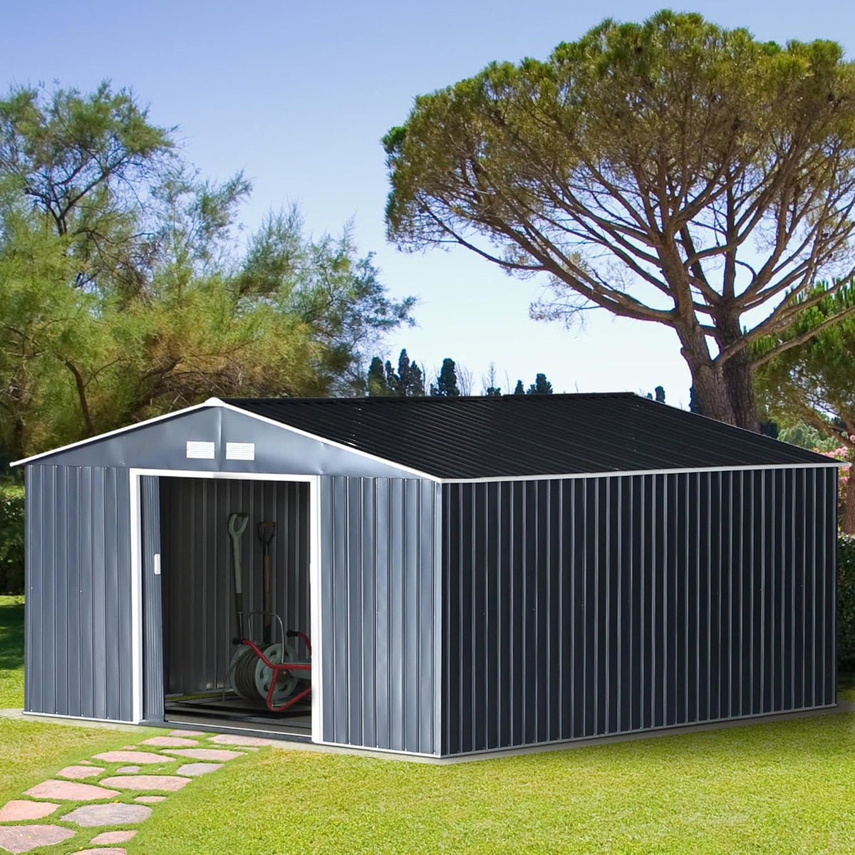 Outsunny Abri de Jardin en Acier 20m³ Abri de Jardin pour vélos Gris Charbon 340 x 386 x 200 cm
