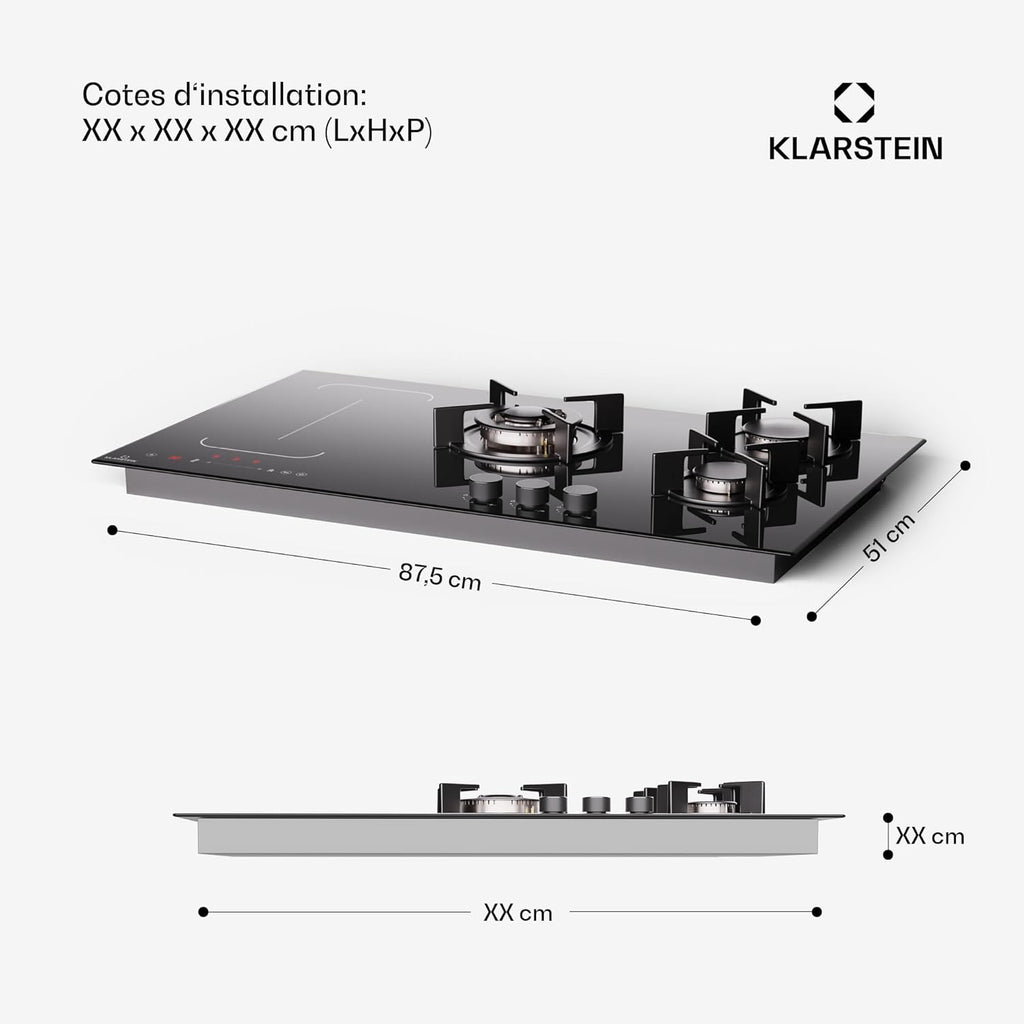 Klarstein MultiChef 5 Plaque Induction Et Gaz - Table De Cuisson À, 5 Zones, Flexzone, Stop&Go, Minuterie, Supports En Fonte, Noir, 87.5Cm