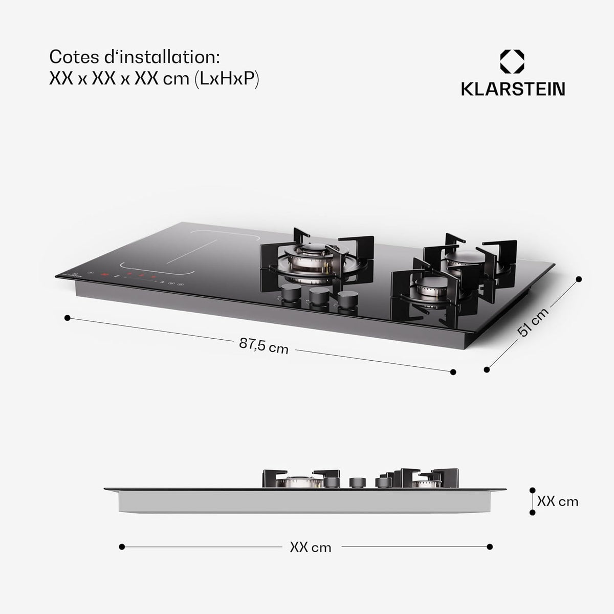 Klarstein MultiChef 5 Plaque Induction Et Gaz - Table De Cuisson À, 5 Zones, Flexzone, Stop&Go, Minuterie, Supports En Fonte, Noir, 87.5Cm