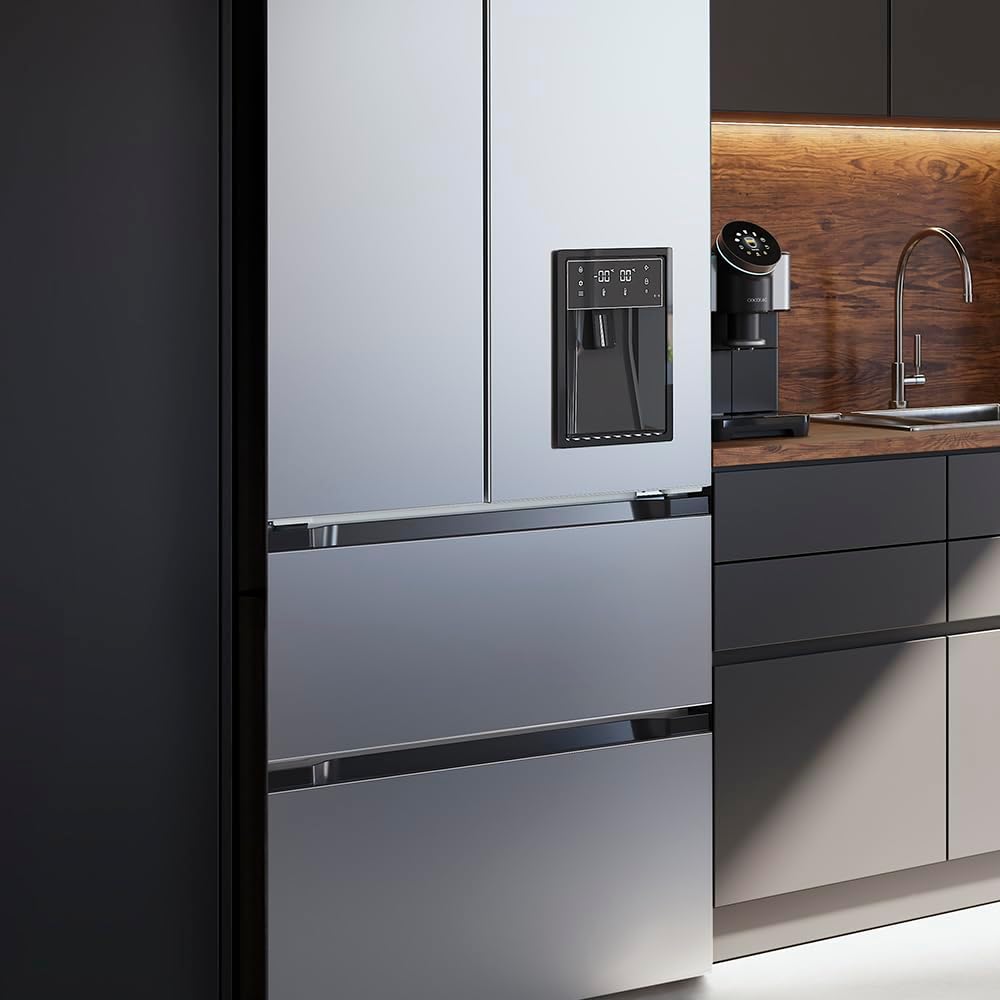 Cecotec Réfrigérateur à Double Porte en Inox avec Distributeur d'Eau de 510 L Bolero CoolMarket FD 510 WD Inox E. 183 cm de Hauteur, 84 cm de Largeur, Moteur Inverter Plus, NoFrost Total