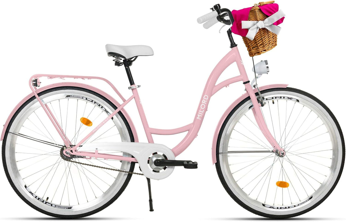MILORD. Vélo Confort Rose à 1 Vitesse de 26 Pouces avec Panier et Porte-Bagages arrière, vélo néerlandais, vélo pour Femme, vélo de Ville, rétro, Vintage