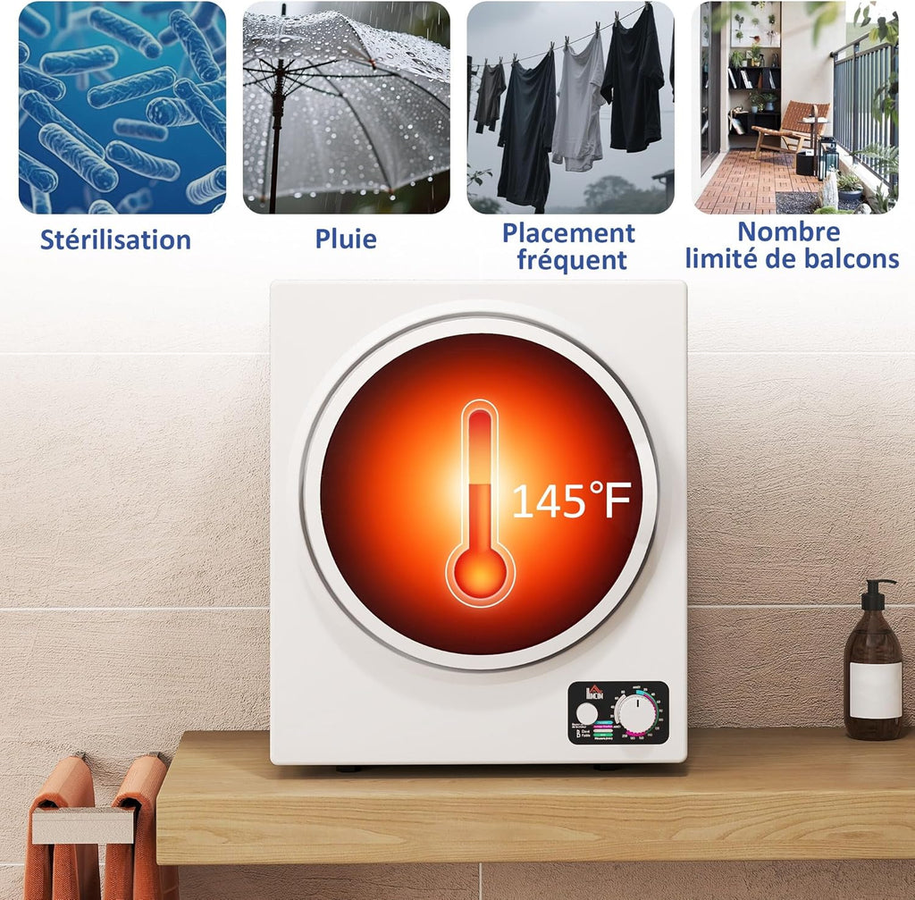 HOMCOM Sèche-linge à évacuation portable, sèche-linge électrique 850 W, 4 Kg, 4 modes de séchage, 2 niveaux de chauffage, cuve en acier inoxydable, installation murale, pour appartement dortoir, blanc