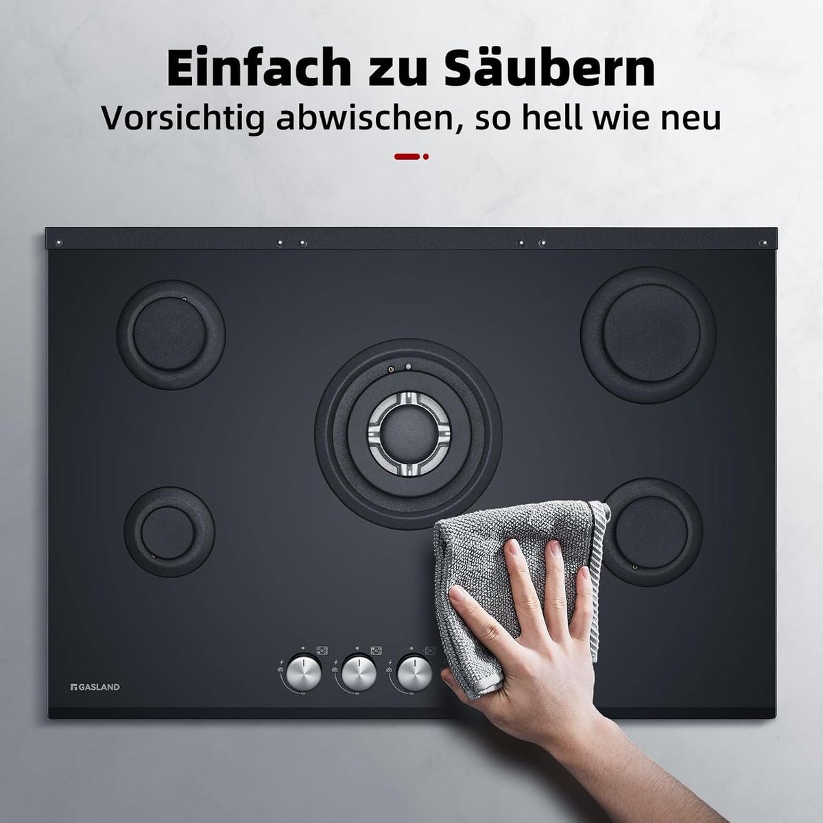 GASLAND GH2805BG1FC Table de cuisson à gaz 5 feux, avec brûleur wok, encastrable, 76cm noir, cuisinière à gaz en verre, 10.4KW, GPL/NG