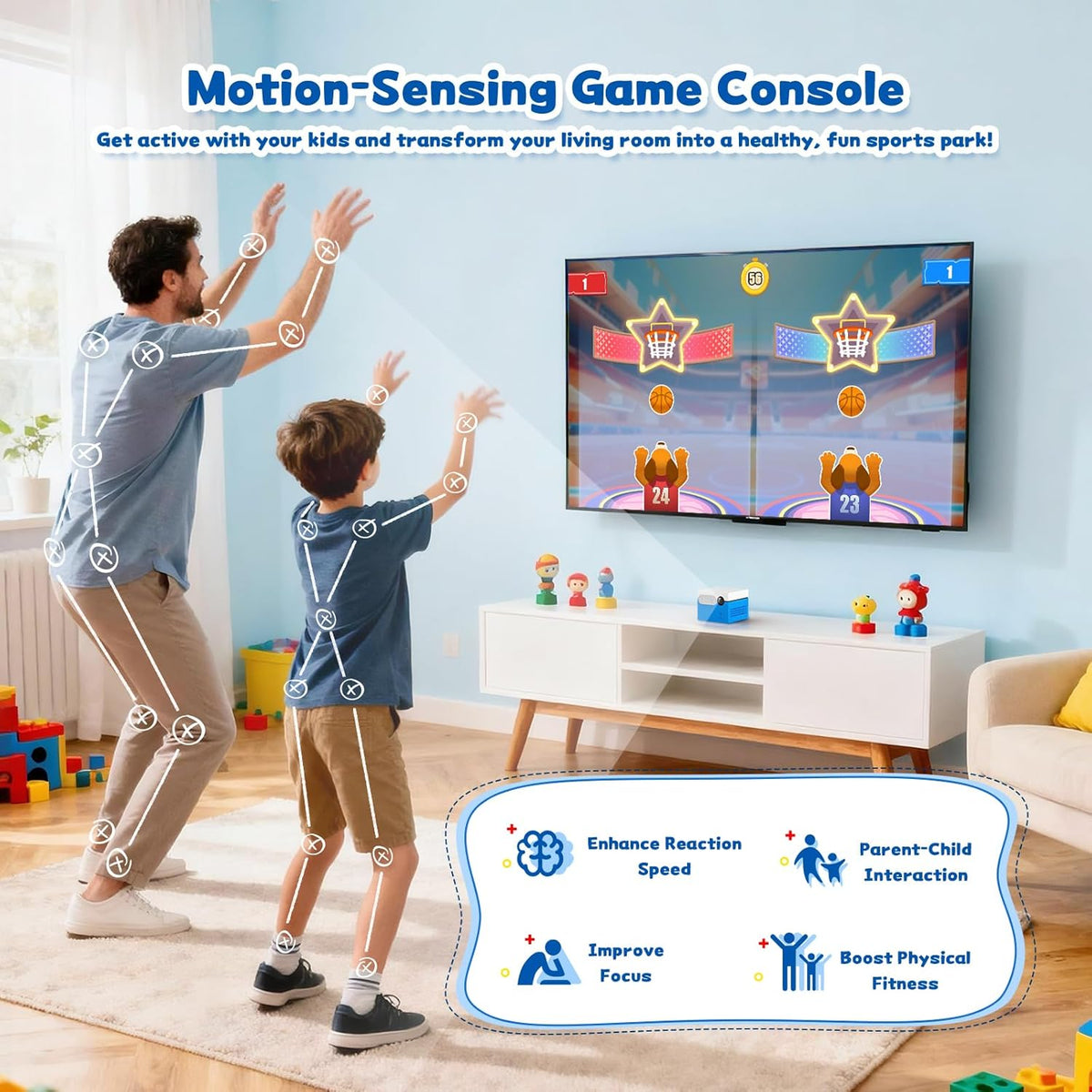 Console de Jeux Enfant MotionX avec Détection de Mouvement, Caméra HD, 2 Joueurs, 50+ Jeux Sport & Éducation, Plug & Play, sans Abonnement – Console Jeux Enfant 3 Ans et Plus, Cadeau Garçons Filles