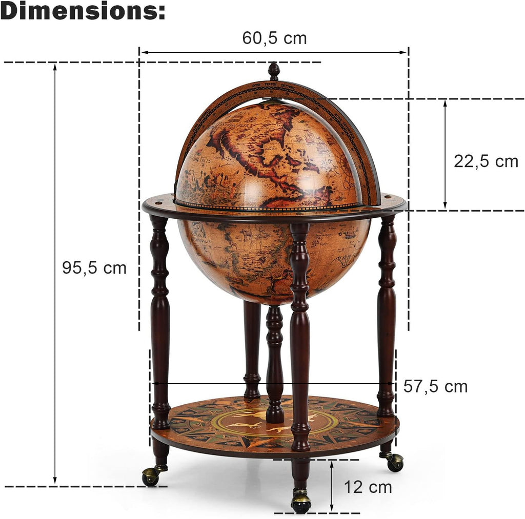 COSTWAY Bar Globe Cartographie Marine du XVIe Siècle, Globe Porte-Bouteilles 45cm Mobile en Bois avec 4 roulettes et Style Rétro, pour Salle à Manger, Salon, Bar, Cave à Vin (Marron)