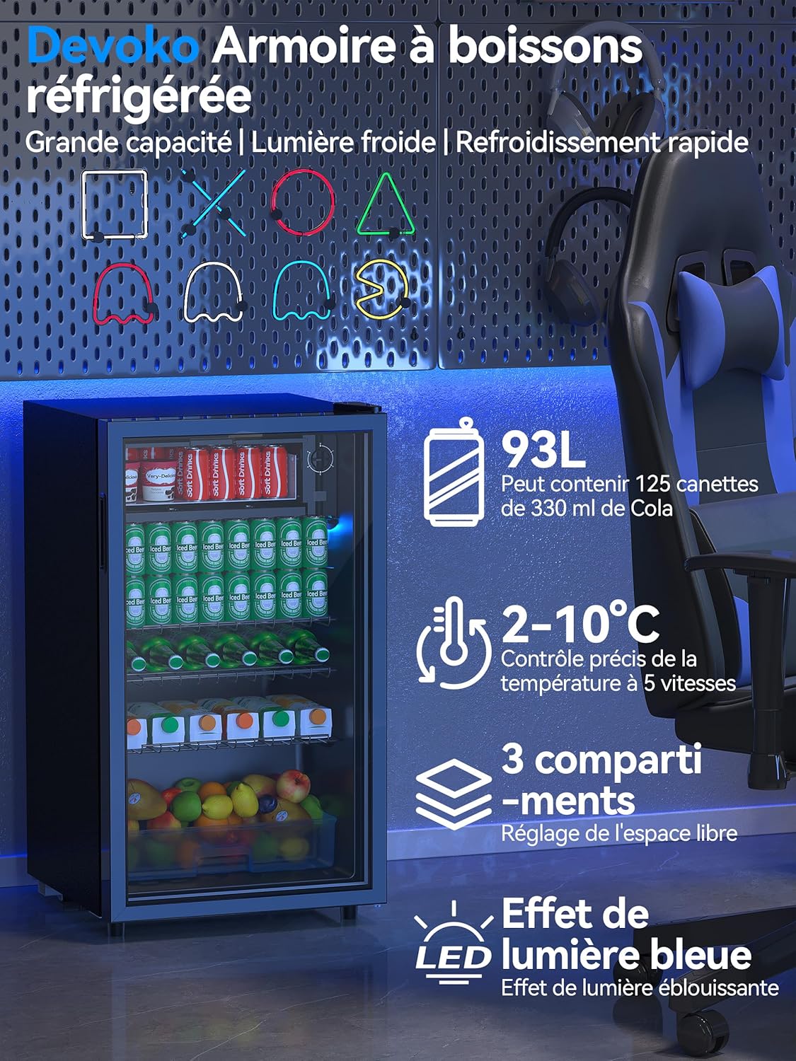 Devoko Frigo à boissons 93 L à porte en verre - Mini frigo avec lumières LED RGB et étagères ajustables pour un usage intérieur/extérieur. Le réfrigérateur parfait pour votre maison, bureau, bar ou fê
