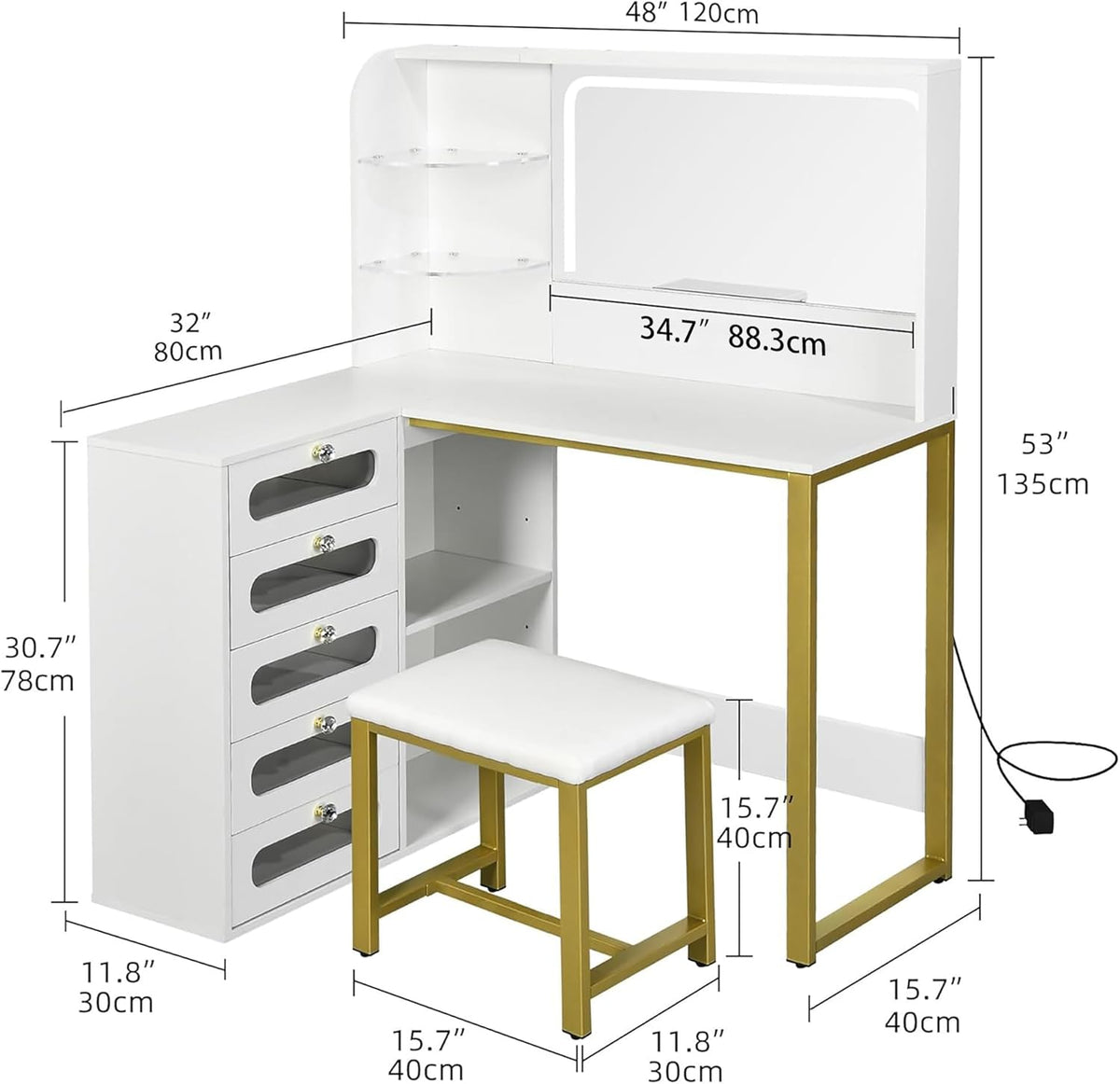 Coiffeuse avec Miroir Réglable LED et Tabouret, Coiffeuse d'angle en L, Commode Moderne avec 5 tiroirs et 2 étageres enacrylique, pour Chambre à Coucher, Salon, Blanc