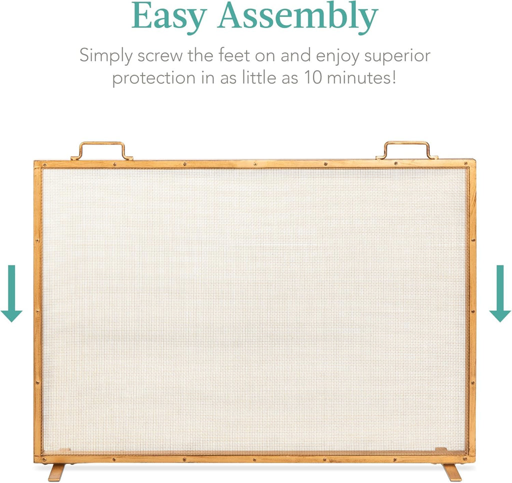 Best Choice Products Paravent de cheminée en maille d'acier fabriquée à la main 99,1 x 73,7 cm pour décoration de salon, chambre à coucher avec poignées – Or antique