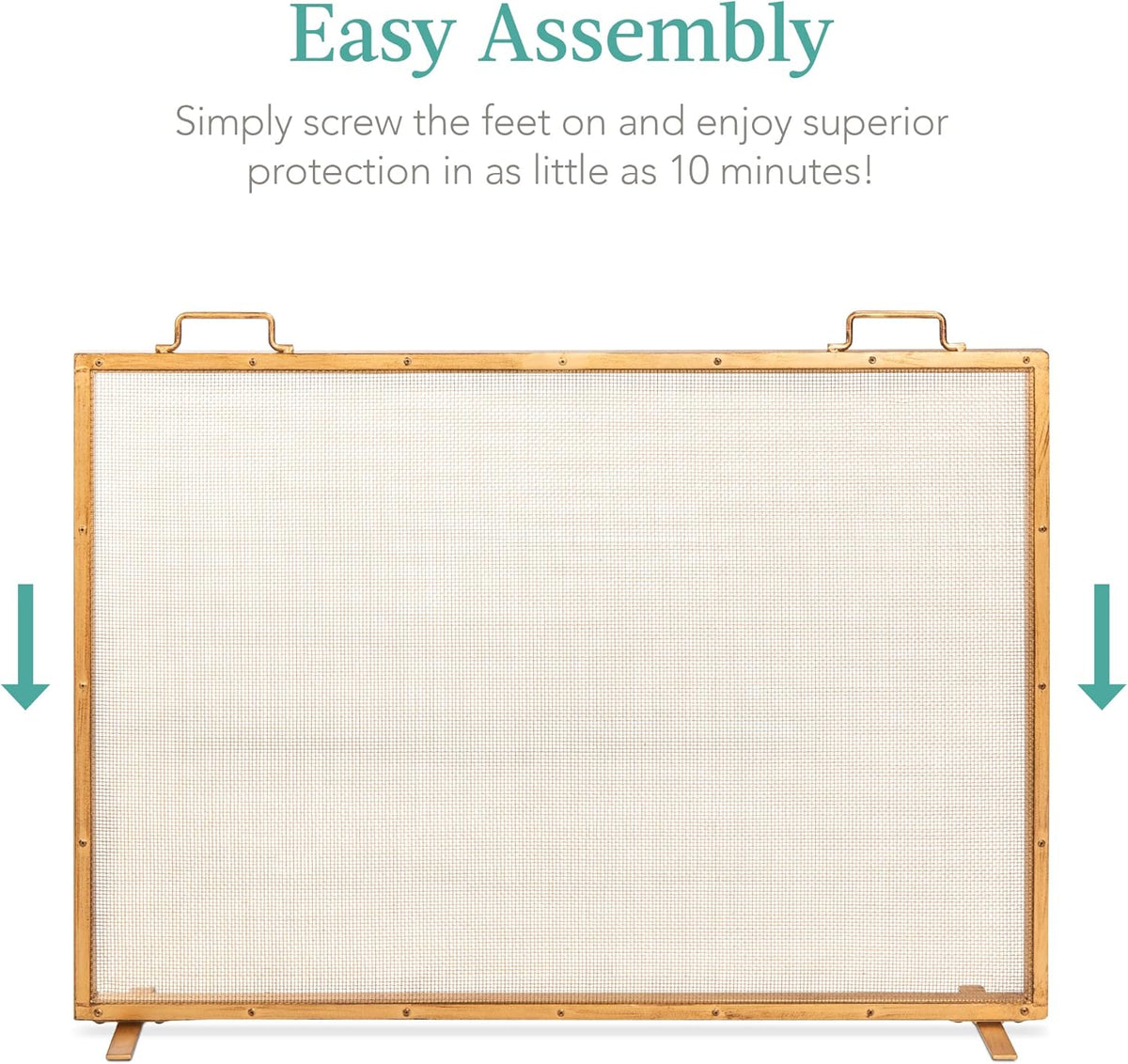 Best Choice Products Paravent de cheminée en maille d'acier fabriquée à la main 99,1 x 73,7 cm pour décoration de salon, chambre à coucher avec poignées – Or antique