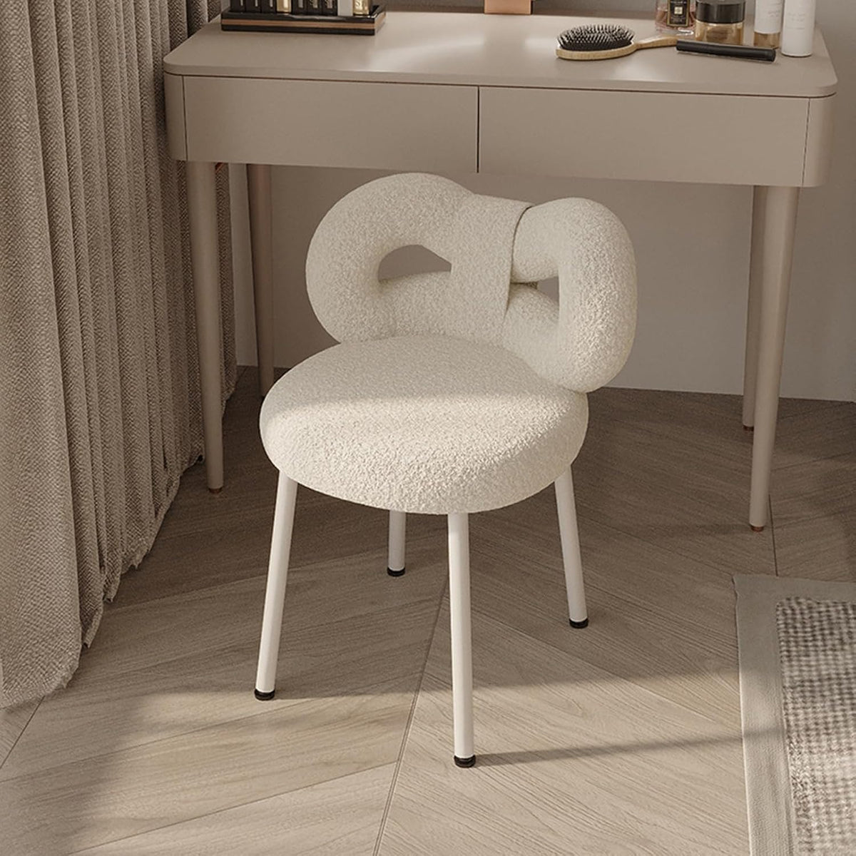 Tabouret de coiffeuse avec dossier réglable et nœud papillon - Chaise de maquillage sans accoudoirs pour chambre de fille - Élégant siège de coiffeuse avec coussinets de pieds - Blanc