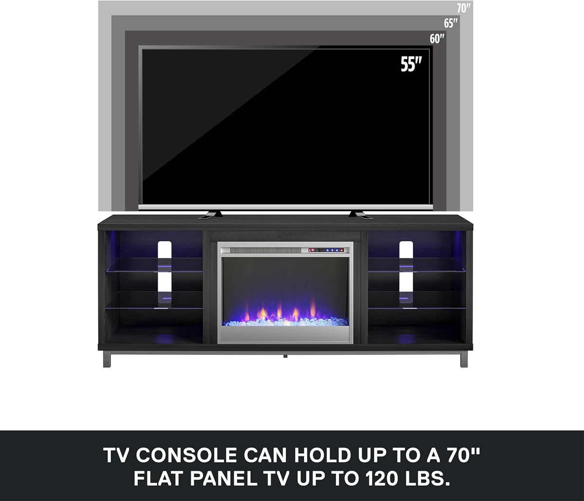 Ameriwood Home Meuble TV avec cheminée Lumina, chêne Noir, pouvant accueillir des téléviseurs jusqu'à 70 Pouces, Meuble multimédia Moderne avec éclairage LED RGB