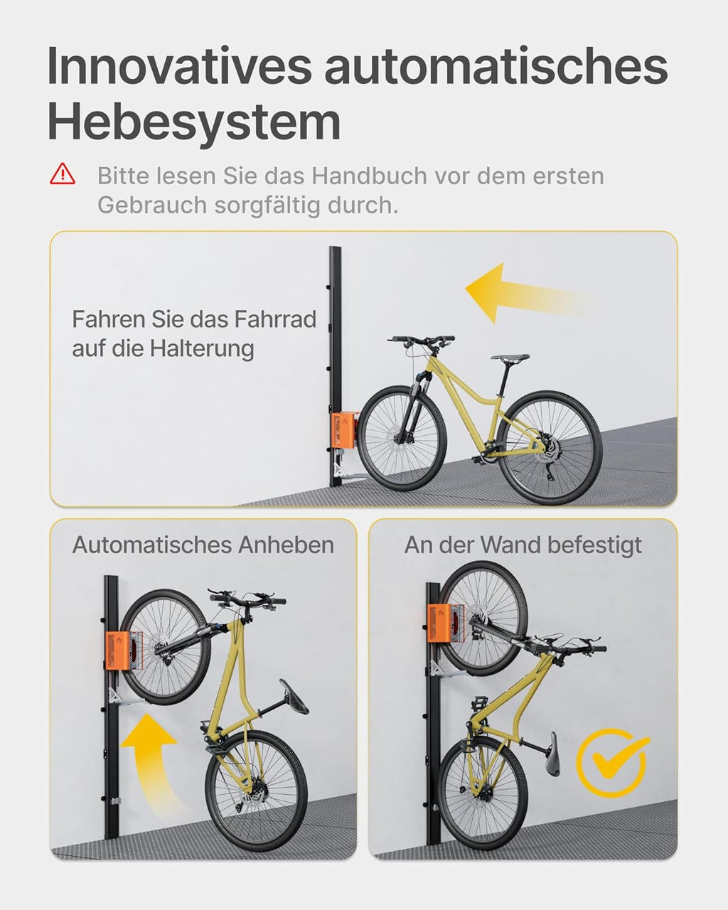 monTEK Porte-vélo automatique – Porte-vélo vertical pour vélos lourds (jusqu’à 32 kg) – Montage simple, support mural peu encombrant pour garage, remise, appartement – Pour pneus 24-29", vélos