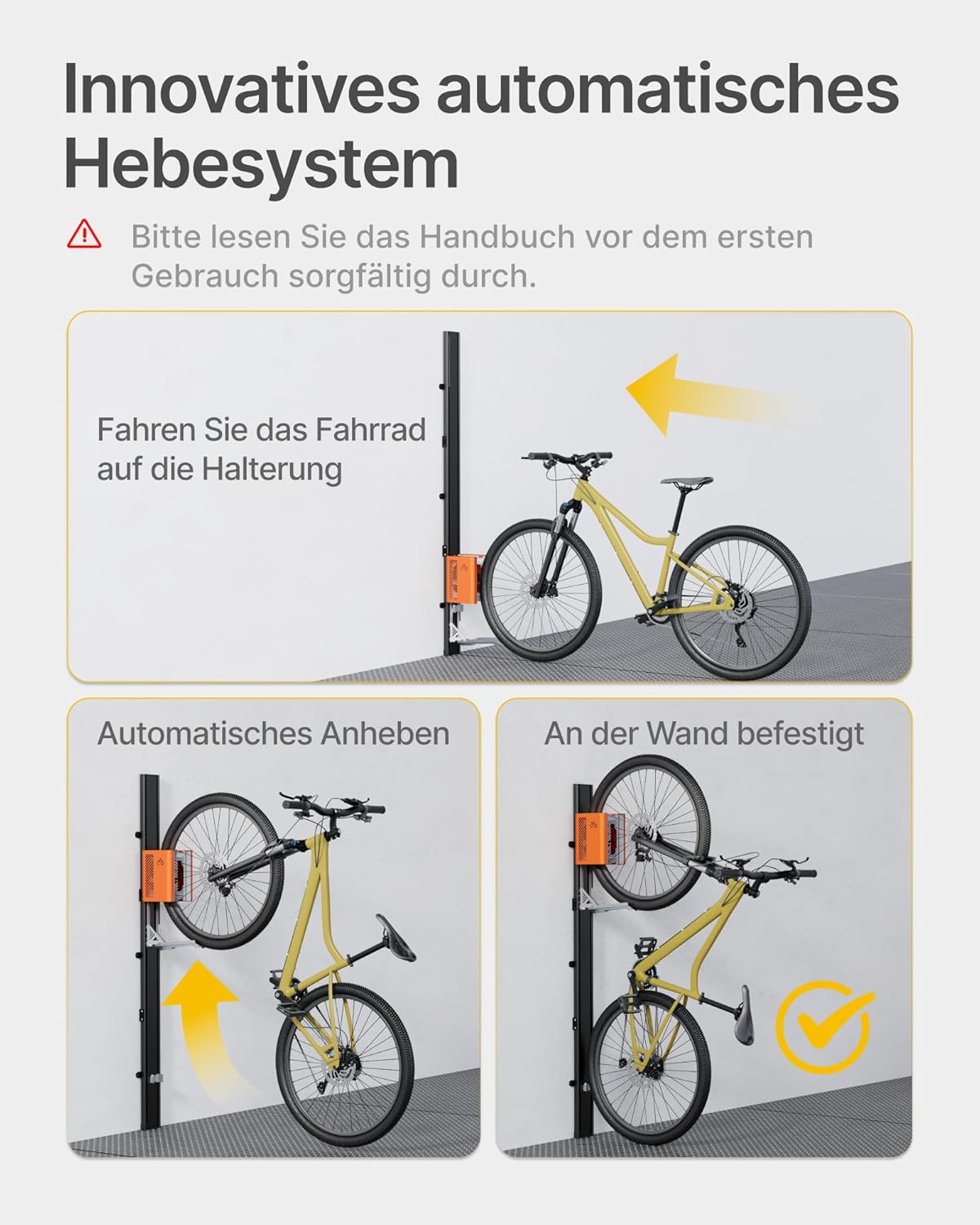 monTEK Porte-vélo automatique – Porte-vélo vertical pour vélos lourds (jusqu’à 32 kg) – Montage simple, support mural peu encombrant pour garage, remise, appartement – Pour pneus 24-29", vélos