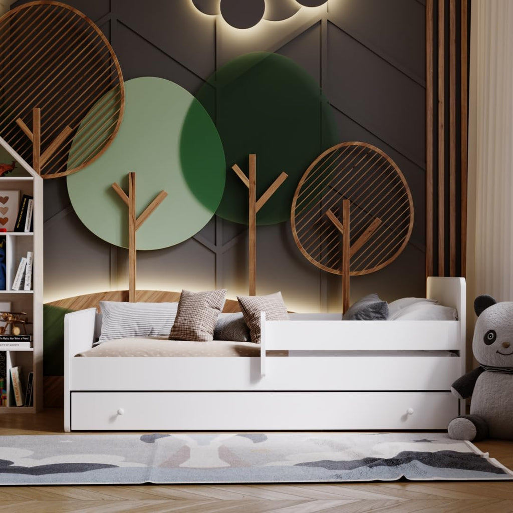 KOBI Lit Enfant Max Blanc | 160x80 | avec tiroir, Balustrade et Matelas | pour Filles et garçons | pour Chambre d'enfant |
