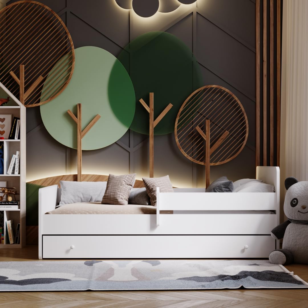 KOBI Lit Enfant Max Blanc | 160x80 | avec tiroir, Balustrade et Matelas | pour Filles et garçons | pour Chambre d'enfant |