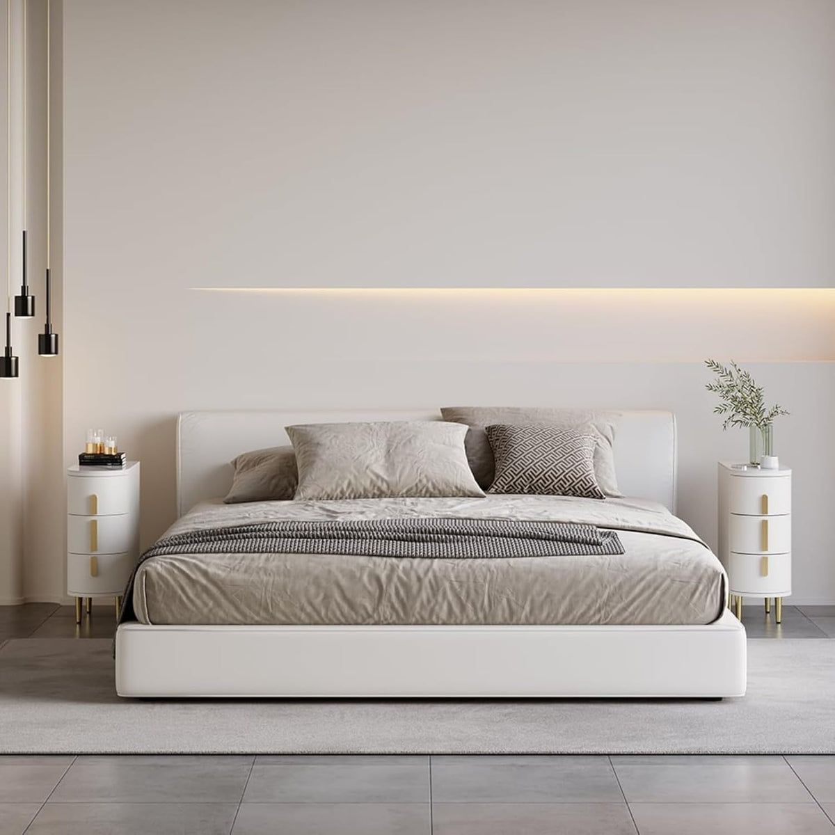 Homary Table de Chevet Étroite en Cuir à 3 Tiroirs, Dessus Pierre Frittée, Petit Meuble de Rangement Élégant pour Chambre Adulte (1, Blanc Cassé)