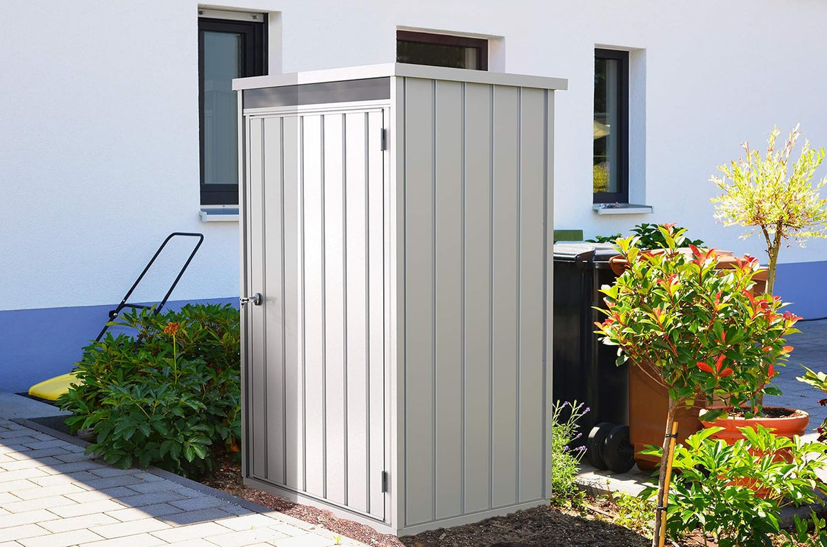 Duramax Palladium Casier de stockage en hauteur à porte unique avec lucarne avant, armoire de rangement le jardin, armoire haute pour l'extérieur, kit d'étagères réglables inclus, argenté