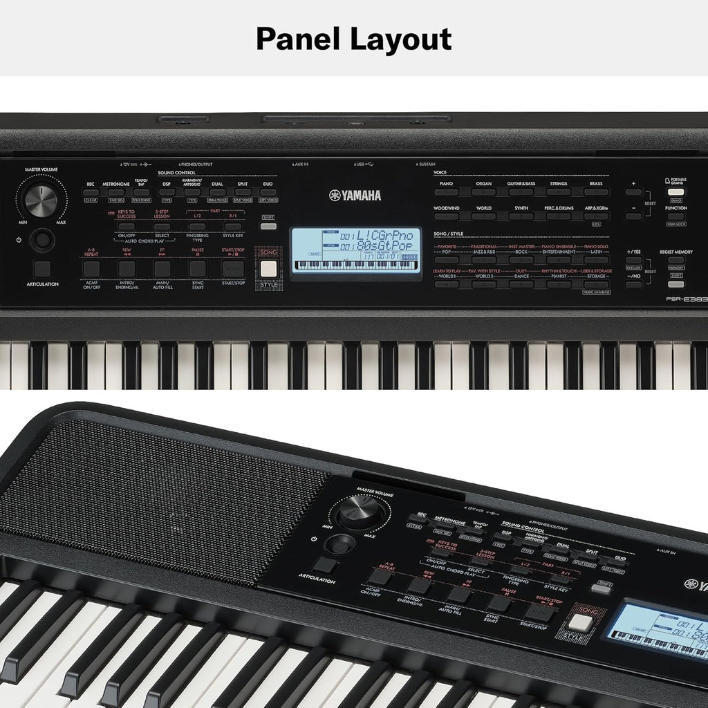 Yamaha PSR-E383 Clavier portable pour débutants, 650 voix d'instruments authentiques avec touches tactiles et une polyphonie de 48 notes