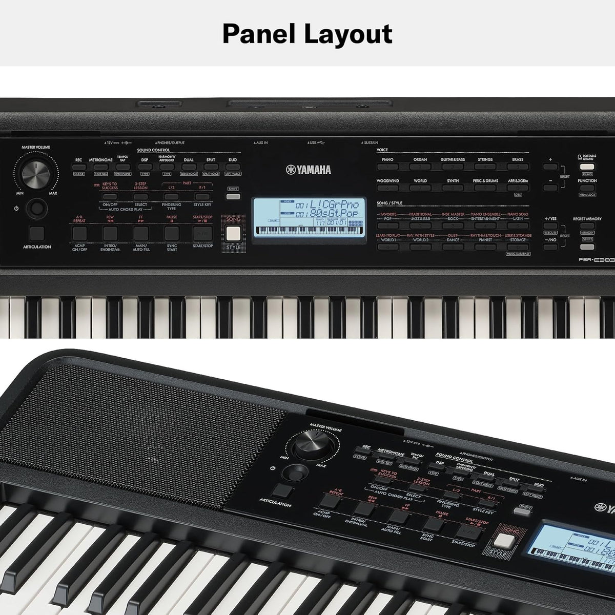 Yamaha PSR-E383 Clavier portable pour débutants, 650 voix d'instruments authentiques avec touches tactiles et une polyphonie de 48 notes